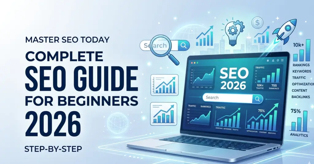 professional modern vector infographic representing comprehensive seo guide 2026. digital marketing laptop showcasing dashboards with traffic data, keywords analysis, rakings, optimization, content backlinks, and growth graphs