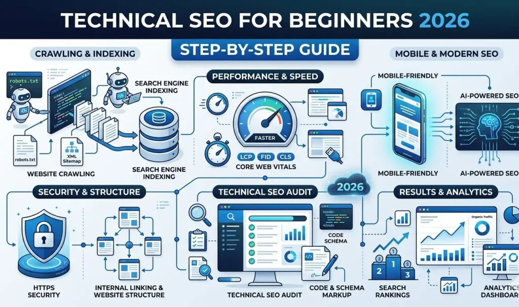 Technical SEO for Beginners 2026 infographik: ek vishesha guide jisme crawling aur indexing, mobile aur modern SEO, performance aur speed, security aur structure, technical SEO audit, aura parinam aur analytics ke vibhinn charan aur tools, jaise robots.txt, XML sitemap, Core Web Vitals, speedometers, schema markup, HTTPS, internal linking, AI-powered SEO aur organic traffic analytics dashboard dikhaye gaye hain.