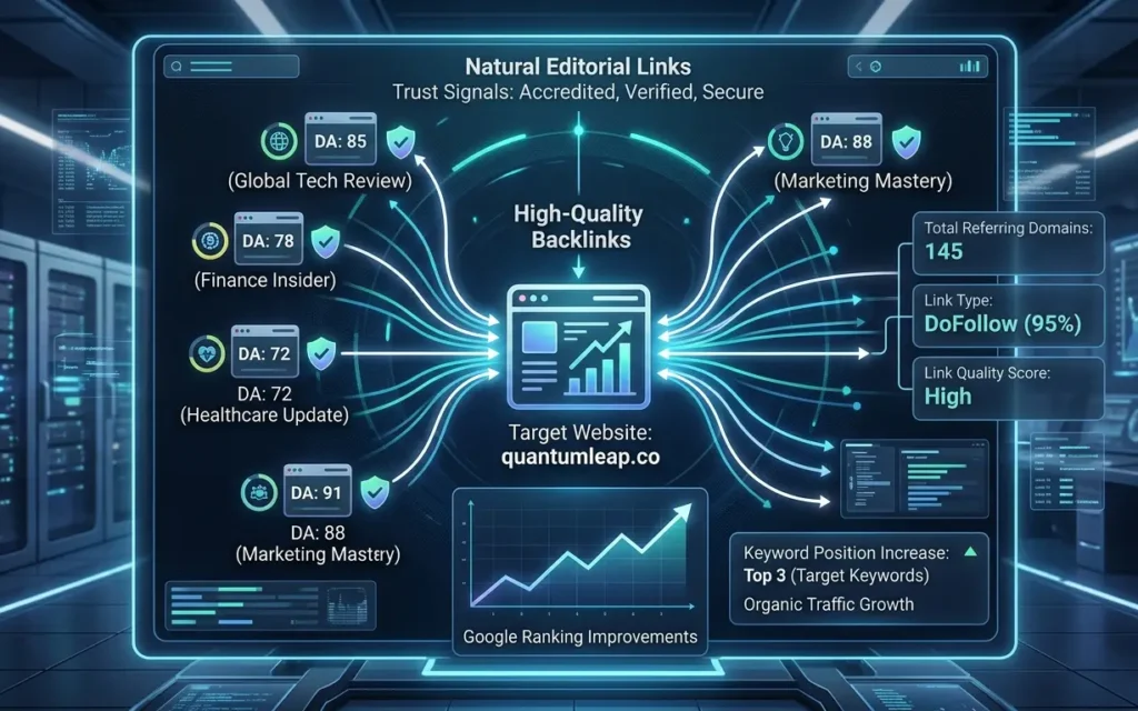 A futuristic digital SEO dashboard inside a server room displaying a high-quality backlink building strategy, with authority websites (DA 78 to 91) connecting to a central target domain shield icon, showing an upward organic ranking growth chart.