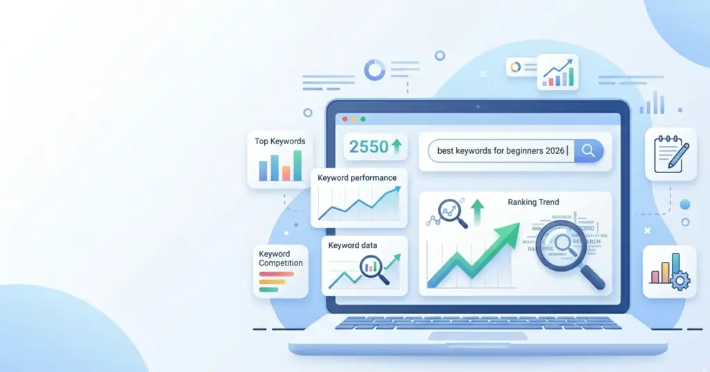 A white laptop displaying a detailed SEO and keyword research dashboard with widgets for 'Keyword Performance', 'Keyword Data', and 'Ranking Trend'. The search bar shows 'best keywords for beginners 2026'. Minimalist vector illustration in soft blue and white.