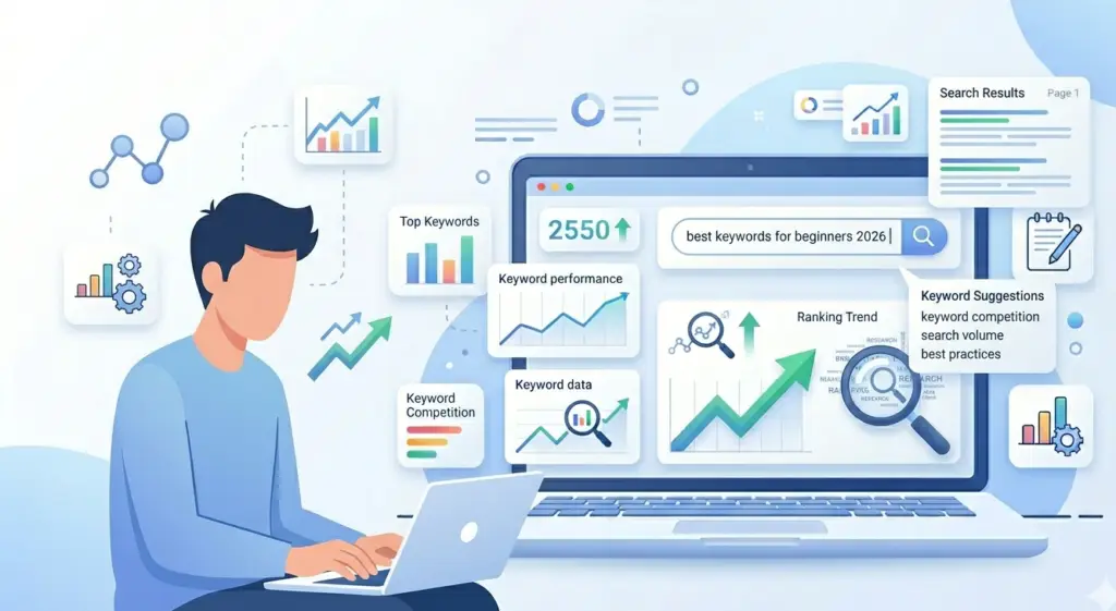 Flat illustration of a man using a laptop to do keyword research for beginners 2026, featuring SEO metrics, top keywords, ranking trends, and performance charts in soft blue and white.