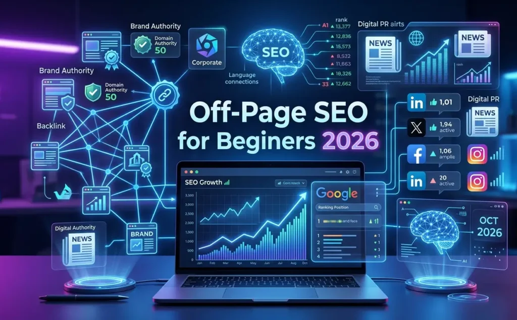 A futuristic digital marketing workspace featuring a laptop with SEO growth charts, glowing backlink network diagrams, digital PR elements, social media icons, and bold text that reads "Off-Page SEO for Beginners 2026" under neon blue and purple lighting. Usage: Insert this into your website's HTML image tag (alt="..."). It is crucial for search engine indexing and web accessibility (screen readers).