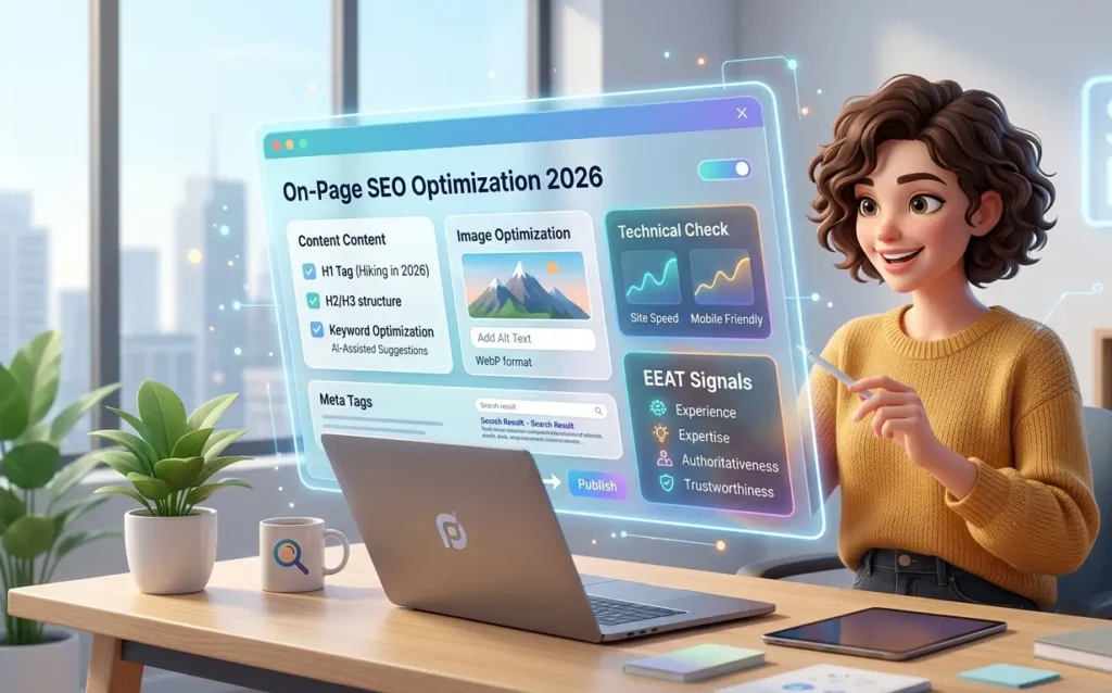 A digital illustration of a female content creator optimizing a website using a futuristic holographic On-Page SEO dashboard with H1 tags, meta tags, and EEAT signals.
(Optimized with powerful keywords to help search engines easily index your image and drive organic image search traffic.)