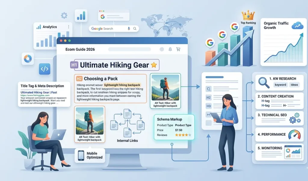 An educational On-Page SEO infographic showing a website layout with H1/H2 headings, meta descriptions, schema markup, and internal links, alongside charts demonstrating organic traffic growth.
(Packed with relevant SEO terms to help search engines index your image accurately and drive image search traffic.)