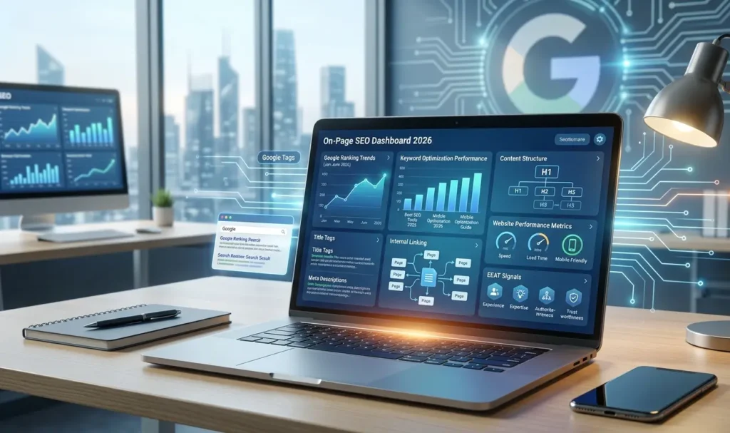 A modern digital workspace with a laptop displaying an On-Page SEO dashboard for 2026, featuring Google ranking charts, content structure diagrams, internal linking visuals, and EEAT signals on a clean blue UI. (Optimized with core keywords to help search engines understand the image and boost your article's image search ranking.)