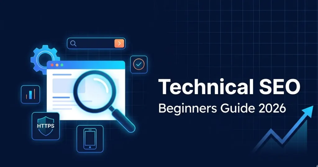 A technical SEO beginner's guide infographic on a dark blue background with various icons such as a magnifying glass, a search bar, gears, a mobile phone, and a graph.