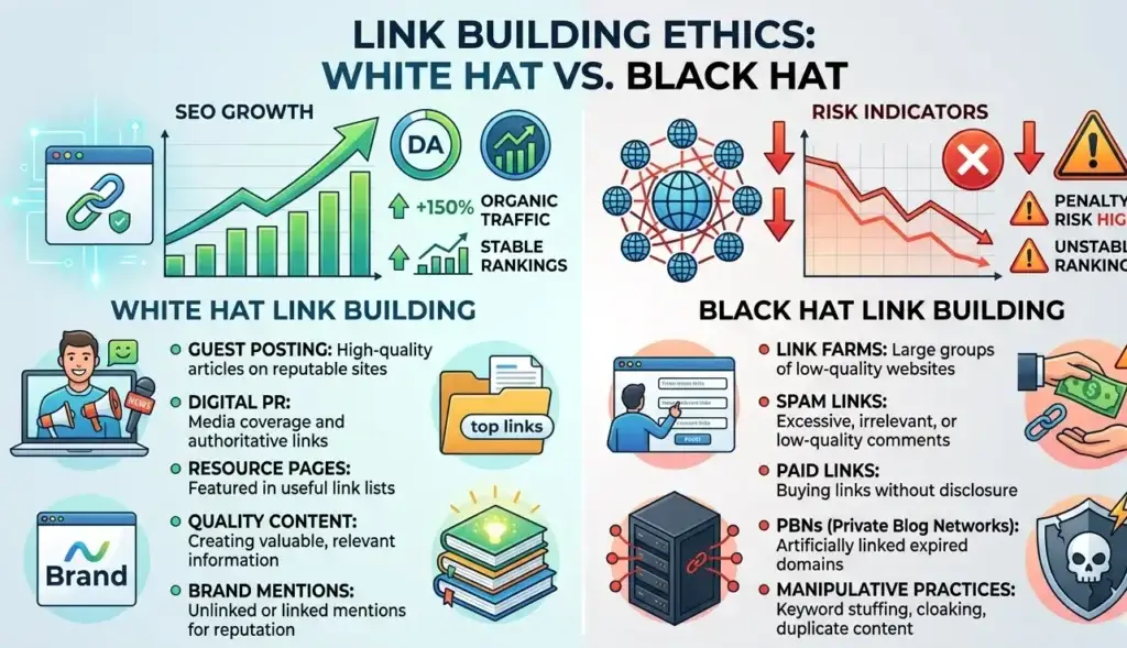 An educational infographic comparing White Hat SEO link building strategies (left, green theme with positive charts and techniques like Guest Posting and Quality Content) with Black Hat techniques (right, red theme with negative risk charts and manipulative practices like PBNs and Spam Links). The main title is "LINK BUILDING ETHICS: WHITE HAT VS. BLACK HAT".