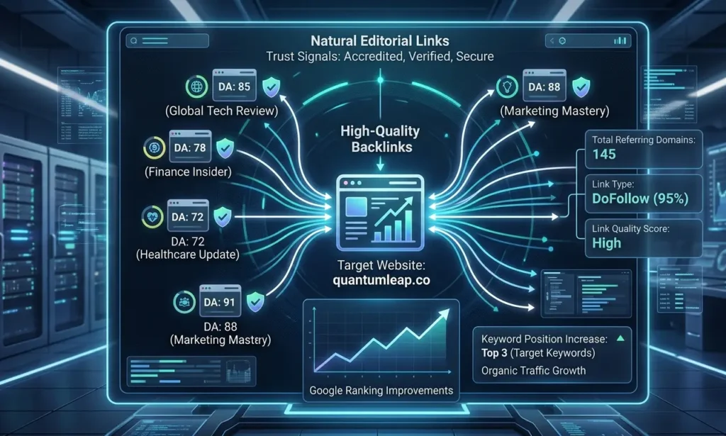 Modern 3D SEO dashboard showcasing link building strategy 2026 with backlink networks, domain authority growth charts, and organic traffic analytics.