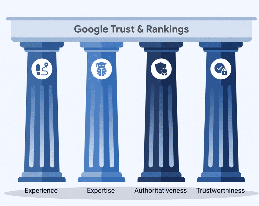 A modern architectural illustration showing four blue classical pillars standing, supporting a ceiling labeled "Google Trust & Rankings". Each pillar base has labels: "Experience", "Expertise", "Authoritativeness", and "Trustworthiness".