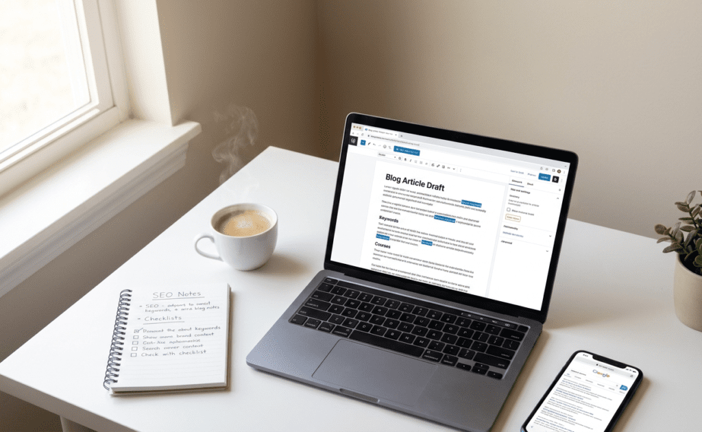 An open laptop with 'Blog Article Draft' visible on the screen, a coffee mug, handwritten SEO notes in a notebook, and a smartphone are laid out flat on a white desk.